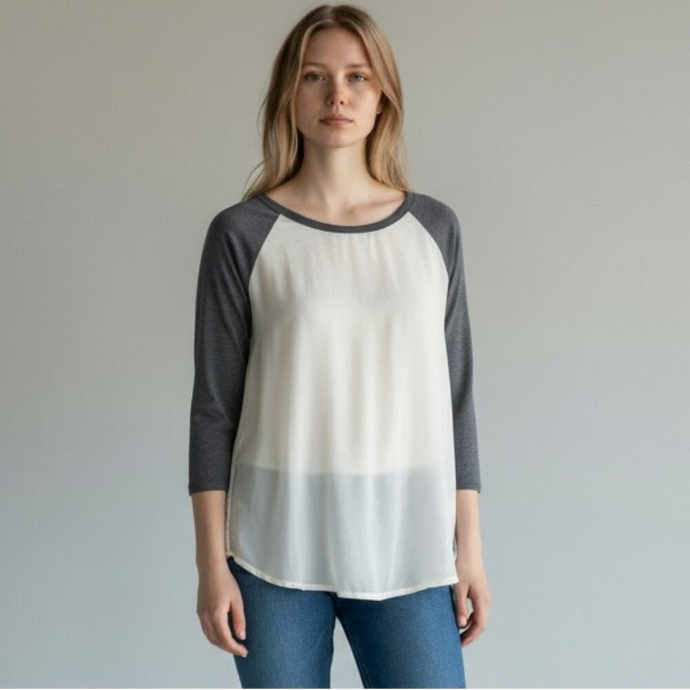 Express Womens Large Gray Cream Sheer Front Top 3/4 Sleeve Hi Low Blouse